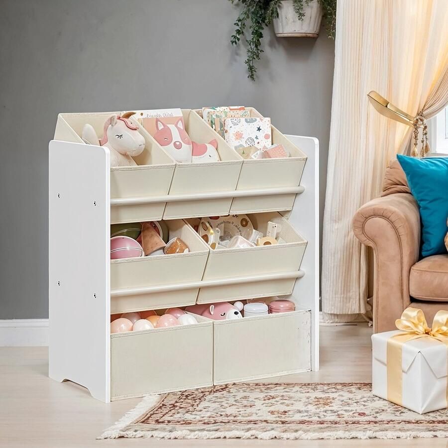 Plank boekenkast met 7 opbergdozen van vliesstof