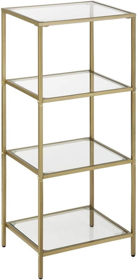 Oskar Vitrinekast Goud Glas – Glazen Wandkast – Opbergrek met 4 Planken – Badkamerkast – Boekenkast – Decoratief Rek – Metalen Frame – Modern Design – Voor Woonkamer Slaapkamer Hal Kantoor – Luxe Stijl - Foto 2