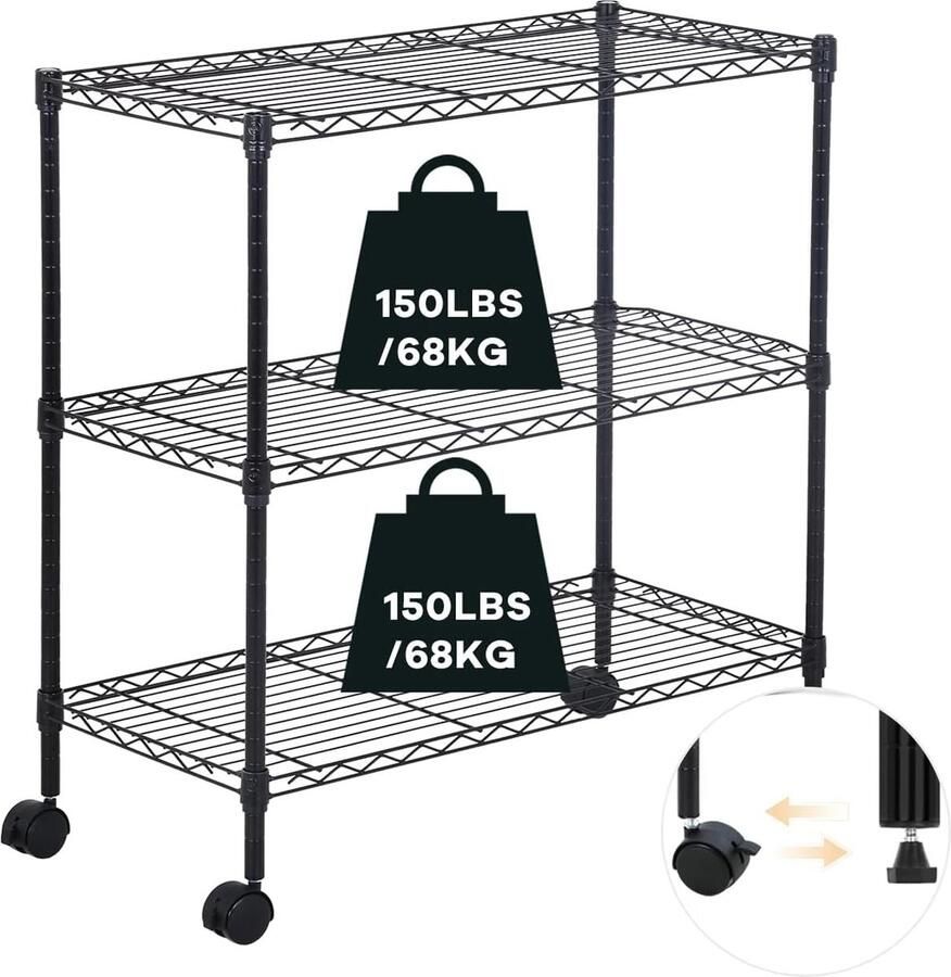 Plank opbergrek op wieltjes rek voor zware lasten met 3 in hoogte verstelbaar rek klein staand rek metalen rek met wielen voor keuken kelder badkamer bergruimte max. gewicht 204 kg