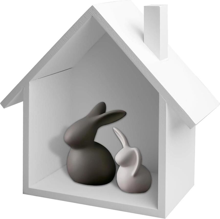 Allecto Plus Houten Wandrek in Huisvorm voor Decoratie Wit Kabouter Motief Nostalgische Hangrek voor Badkamer en Slaapkamer