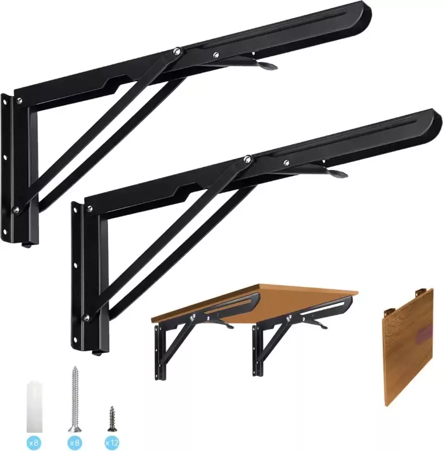 Plankdrager 400 mm 2 stuks roestvrij staal klapscharnier vouwbeugel zwaar belastbaar muurbeugel voor zitbanken en planken zwart