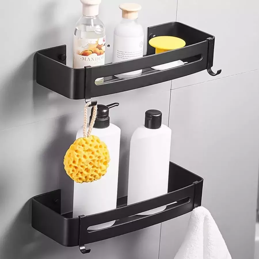 Badkamer hoekplank zonder boren douche caddy roestvrij staal wandmontage opbergrek met haken zwart 2 pack corner shelf wall