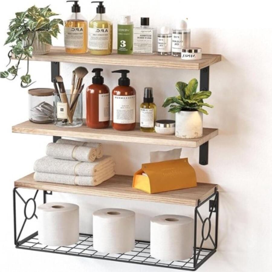 Zwevende planken met draadopslag Mand van Paulownia hout Zwevende planken voor huisorganisatie en wanddecoratie Badkamer-keuken-woonkamer-kantoorplanken set van 3+1 Natuurlijk