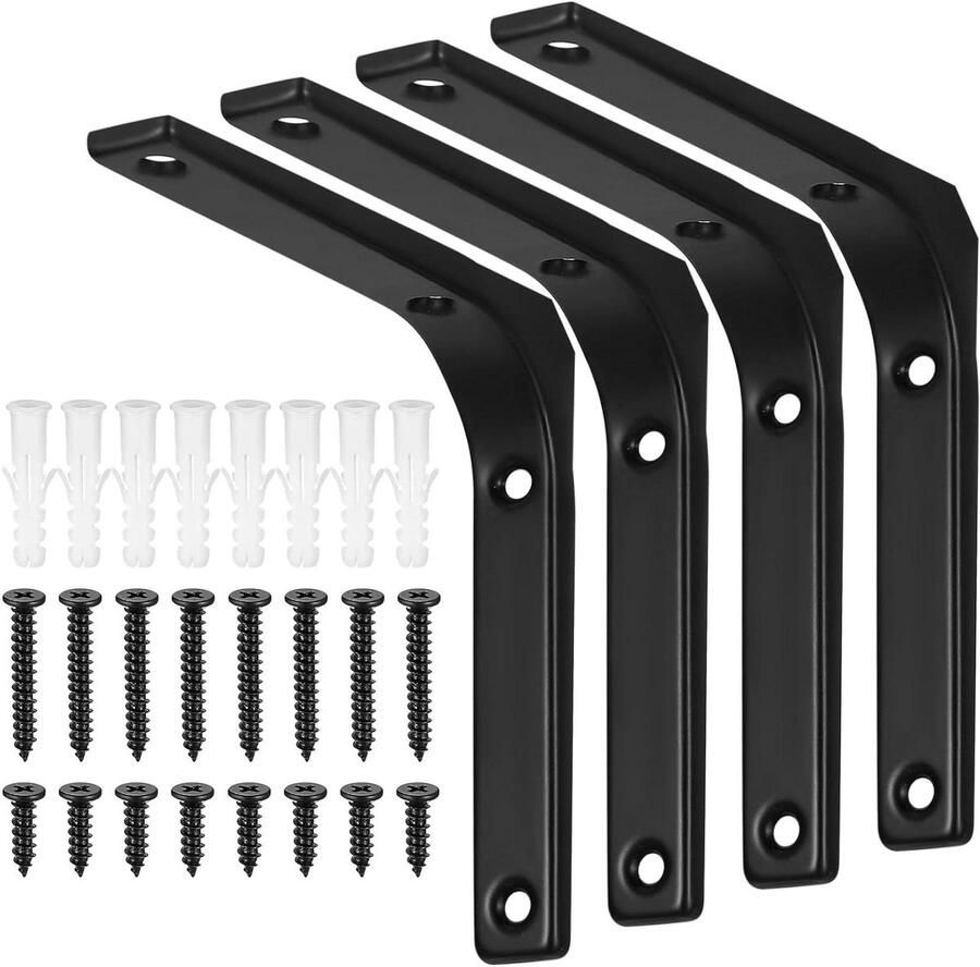 Plankhoek 4 stuks zwart metalen hoekbeugels plankhouder voor zware planken wandhouder hoek set van 125 x 125 mm hoekbevestiging plank