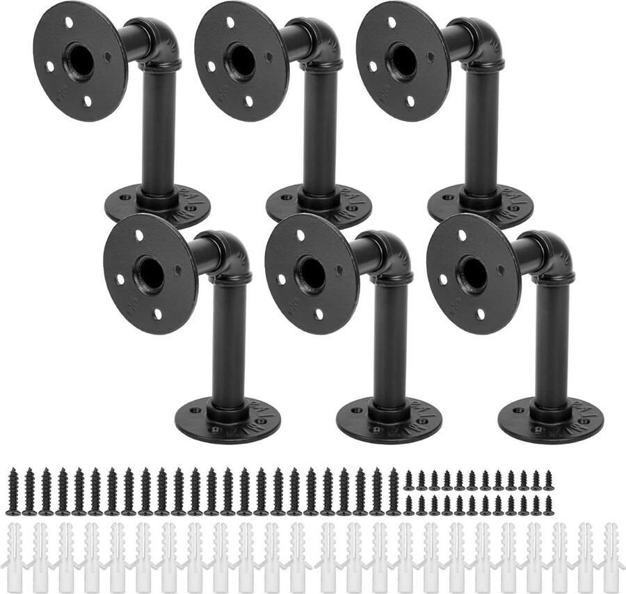 Plankhouder industrie 6 stuks 150 x 100 mm buis rek vintage plankdrager zware lasten hoek zwart metalen hoek met schroeven Cherbowing