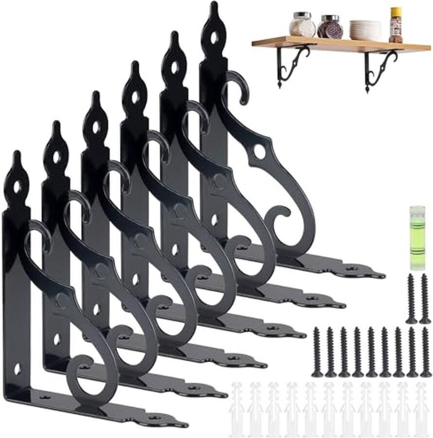 Plankhouders 90 graden Heavy Duty Wandmontage Zwart 6 Stuks Ideaal voor Boekenkasten en Displays