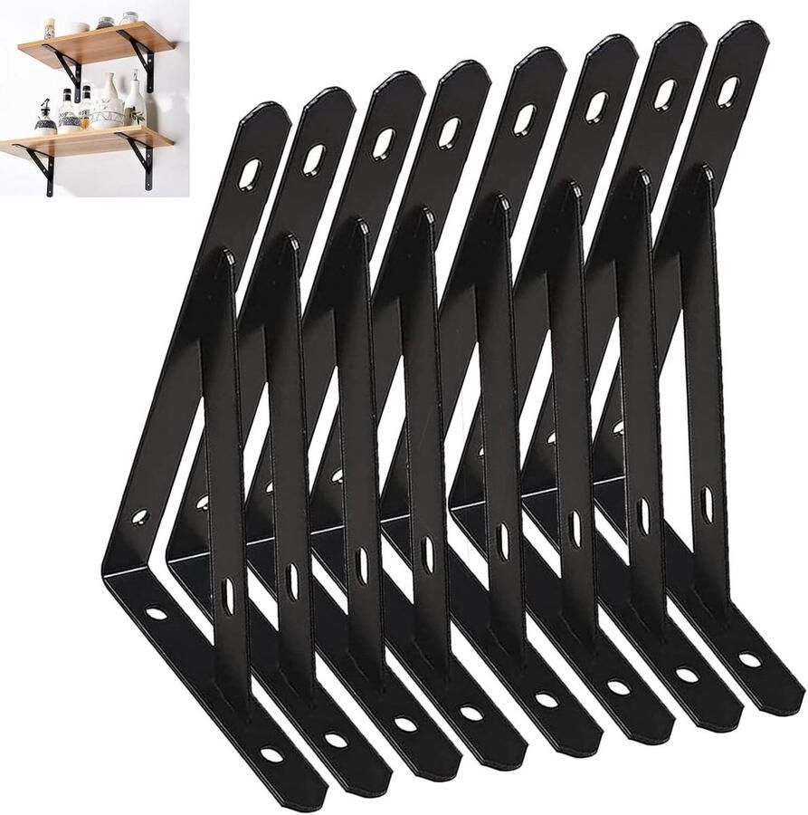 Plankhouders set van 8 stuks voor zware belasting 15 cm driehoekige plankdragers Wandmontage decoratieve planksteunen voor boekenkast woonkamer keuken Afneembare plankhoeken (zwart)