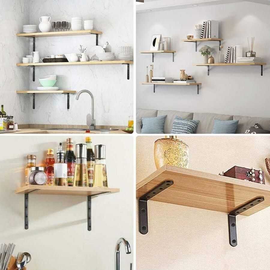 Plankhouders set van 8 – Zwarte metalen wandplankdragers voor zware belasting – Ideaal voor boeken keuken en woonkamer - Foto 2