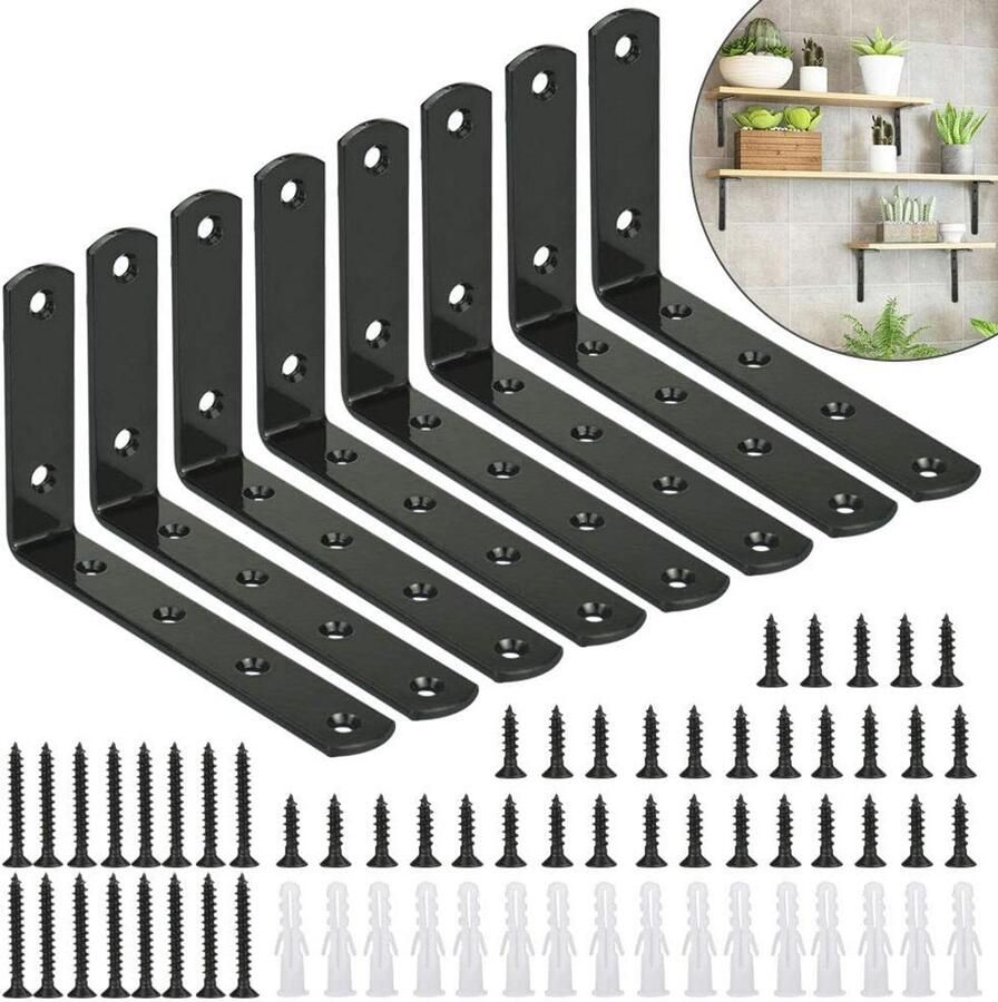 Plankhouders set van 8 – Zwarte metalen wandplankdragers voor zware belasting – Ideaal voor boeken keuken en woonkamer