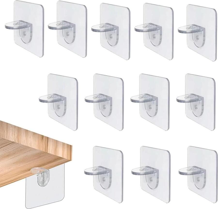 Planksteunpennen transparante L-vormige zelfklevende plankbeugel 12 stuks inclusief gat voor meubelkast boekenkast plank (6 x 6cm) kastdragers
