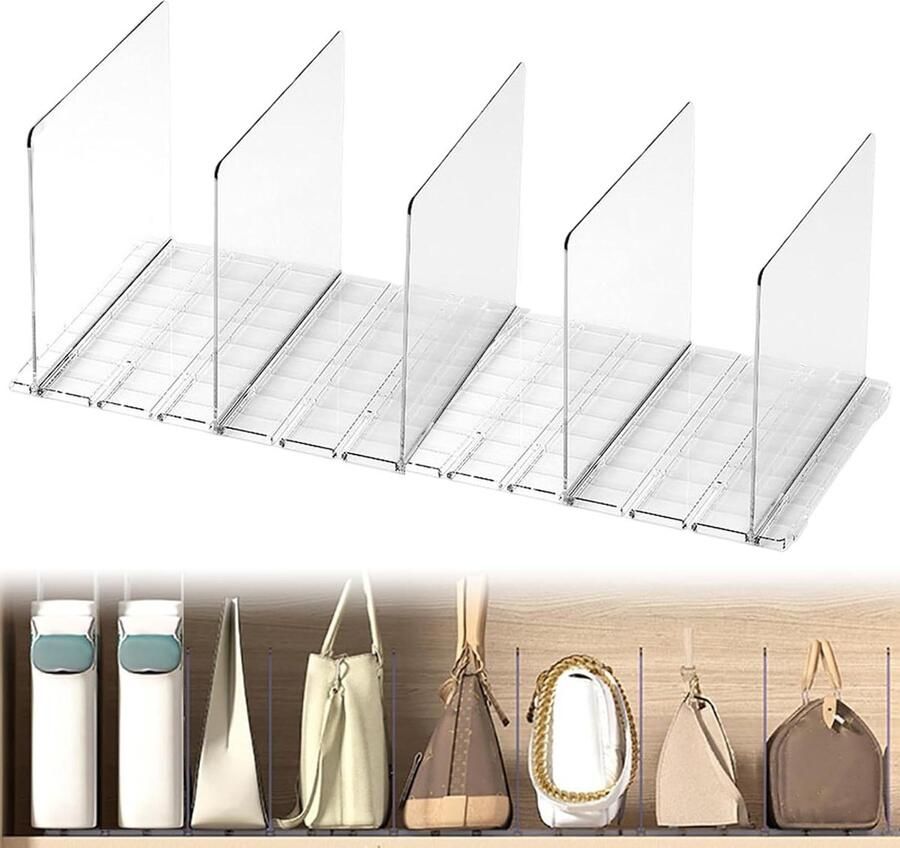 Plankverdelers Plastic Transparante Handtas Tas Kleding Divider Set van 5 Verwijderbare Separators Slaapkamer Keuken Kantoor Opslag en Organisatie