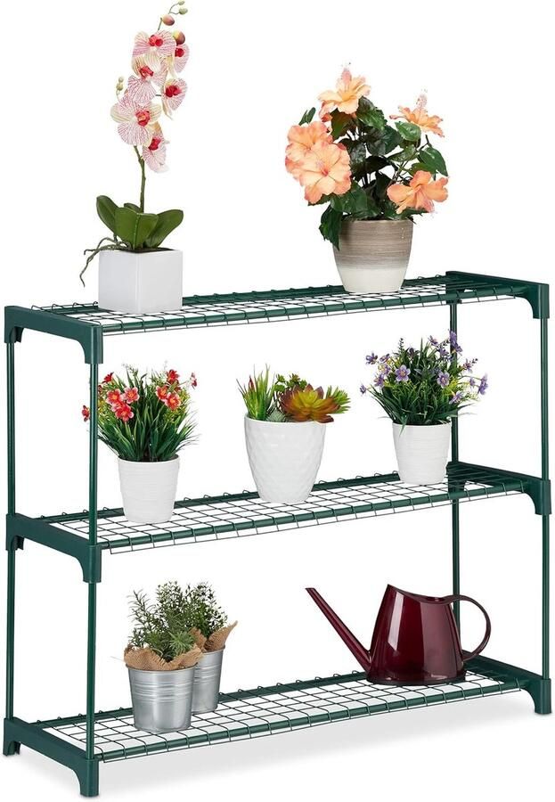 Plantenrek met 3 etages voor bloempotten en planten Indoor kunststof en metaal 74 5x91x28 5 cm
