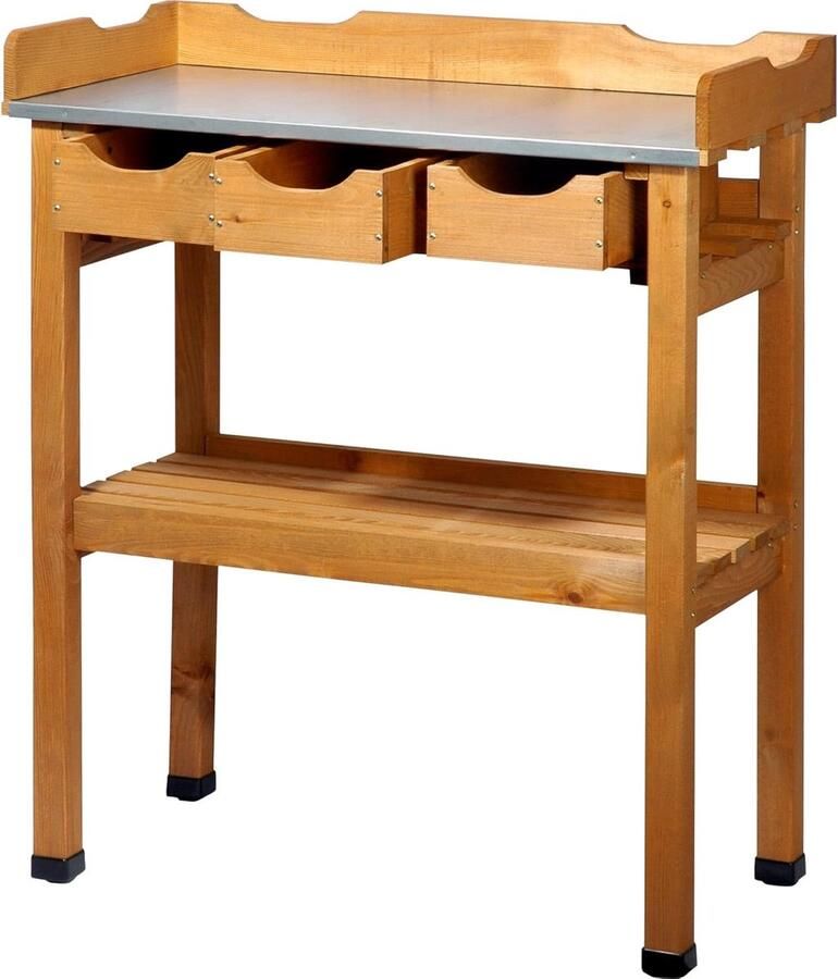 Plantentafel met 3 schuifladen Tuintafel met legplank en verzinkt werkblad Massief houten ompottafel 80x40x90 cm