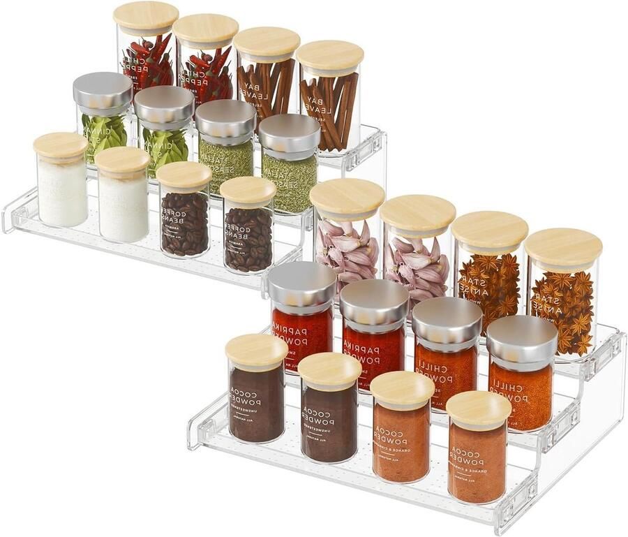 Plastic Kruidenrek met 3 Niveaus Transparante Kruiden Organisatie voor Kabinet Aanrecht Geschikt voor Keuken Voorraadkast Badkamer Bar 2 Pack