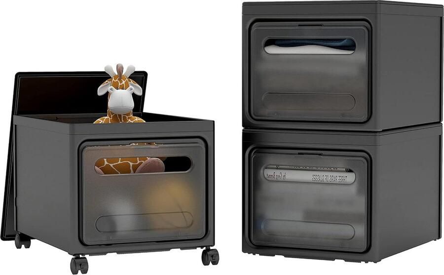 Plastic opbergdozen met deksels handige organizer 3 stuks zwart 30x40x25 cm