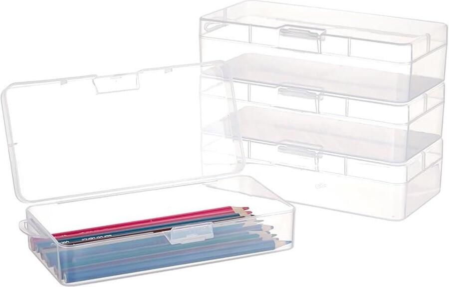Plastic Opbergdozen Set van 4 stuks Rechthoekig 19.5x17.9x9cm Transparant Met Scharnierend Deksel en Ophanggat. Ideaal voor Kleine Knutselaccessoires en Kantoorbenodigdheden