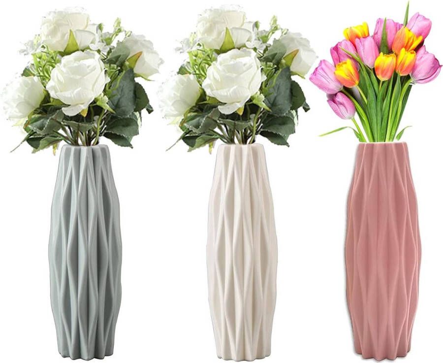 Plastic Vazen Set van 3 Elegante Design Vazen Moderne Decoratieve Ornamenten voor op het Bureau Plastic Vaas voor Binnen Slaapkamer Woonkamer Balkon Tafeldecoratie Bruiloft Keuken Kantoor (3 Kleuren 21 x