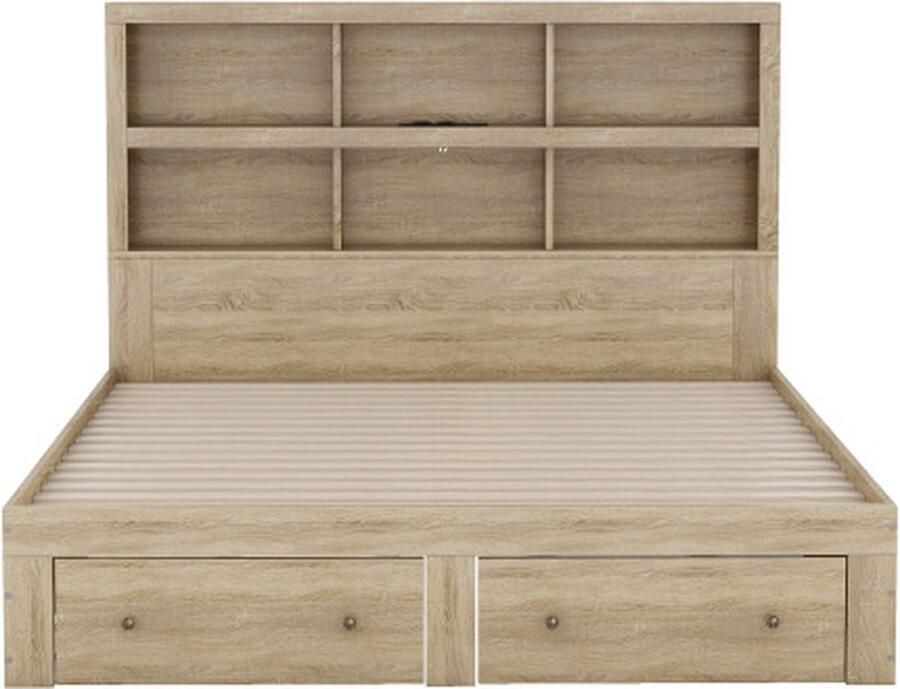 Zonder merk Gotagee Platformbed 160x200cm Tweepersoonsbed (zonder matras) Natuurlijke kleur Spaanplaat met twee lades