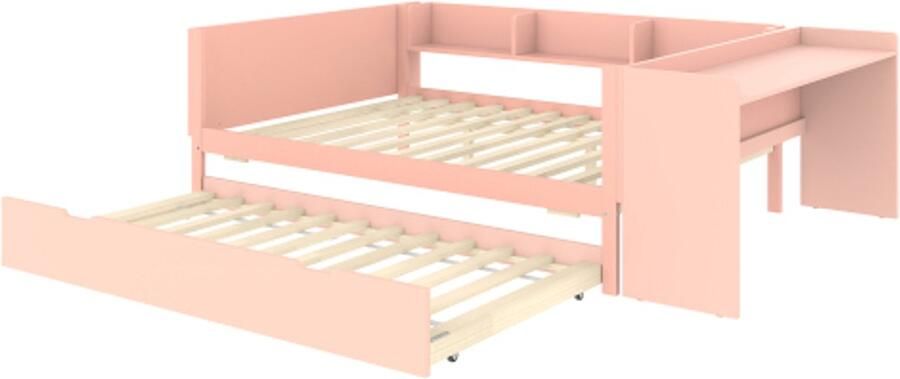 Gotagee Vlak bed houten bed 140x200cm met bureau met uitschuifbed tweepersoonsbed (zonder matras) met planken grenen + spaanplaat roze
