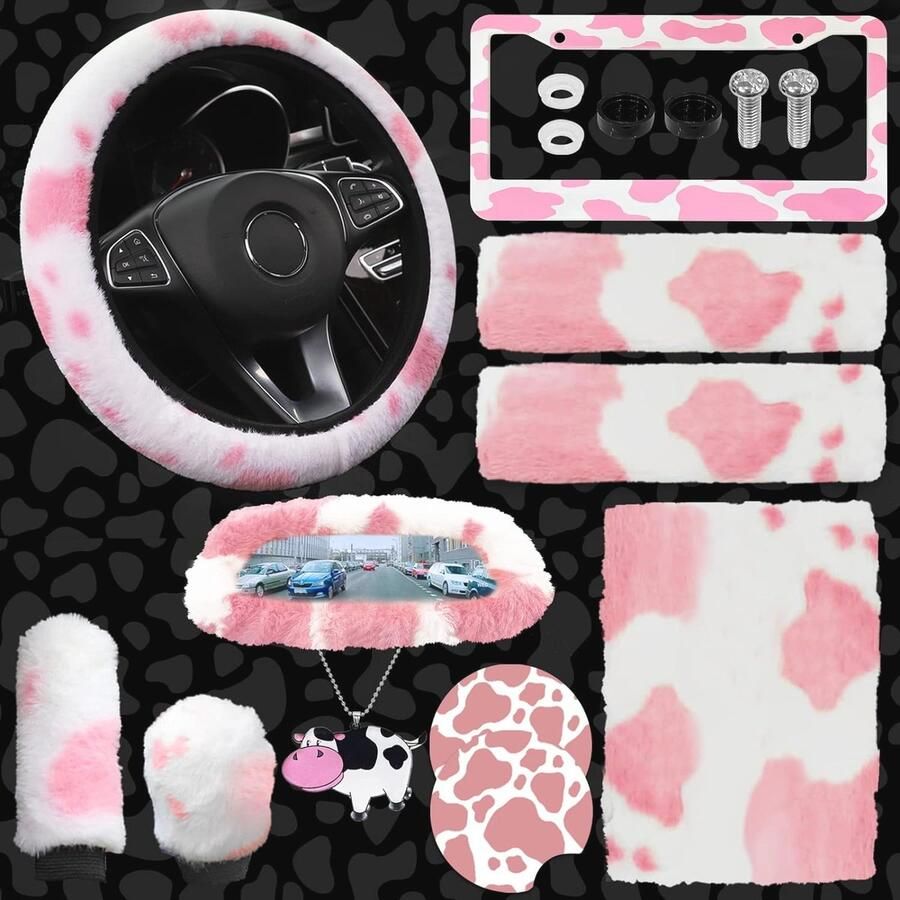 Pluche Auto Accessoires Set met Koeienprint Zachte Stuurhoes Handrem- en Versnellingshoes Antislip Autodecoratie