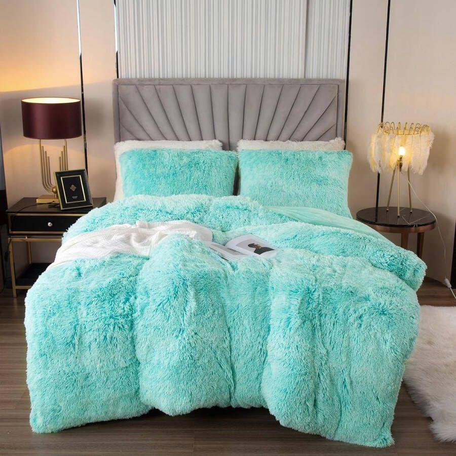 Pluche beddengoedset 200 x 200 cm flanel wollig dekbedovertrekset voor bed shaggy en pluche zachte dekbedovertrekken en 2 kussenslopen 80 x 80 cm (aqua ombre)