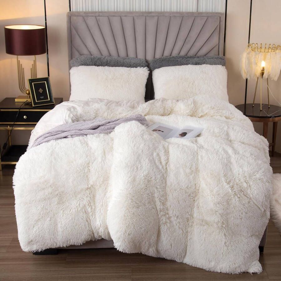 Pluche beddengoedset 200 x 200 cm flanel wollig dekbedovertrekset voor bed shaggy en pluche zachte dekbedovertrekken en 2 kussenslopen 80 x 80 cm (wit)