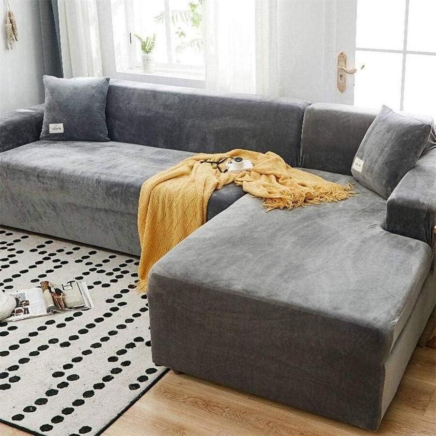 Senza Marchio Pluche fluwelen bankhoes slipbestendige stretch sofahoes voor L-vormige sectionele bank zachte dikke bankbeschermer lichtgrijs 2-zits 57-73 inch