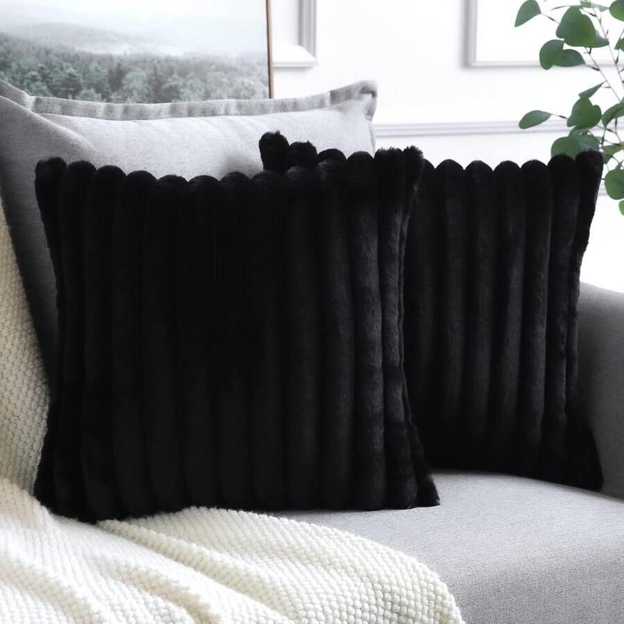 Pluche fluwelen kussenhoezen Decoratieve kussensloop voor bank slaapkamer Set van 2 Zacht kunstbont Thuis auto decoratie 60 x 60 cm Zwart