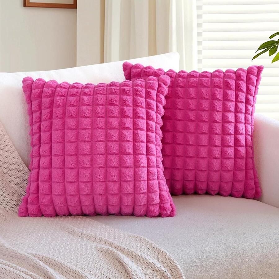 Allecto Plus Set van 2 pluche kussenslopen in rozerood Fluweel en kunstbont Plaid textuur Voor bank en slaapkamer Decoratieve sierkussenovertrekken 40 x 40 cm