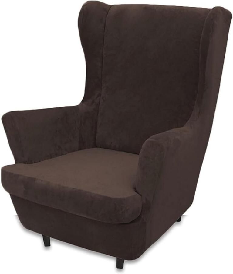 Pluche Fluwelen Stoelhoes 2-delige Set Hoge Stretch Meubelbeschermer voor Vleugelstoelen Antislip en Zacht Koffie
