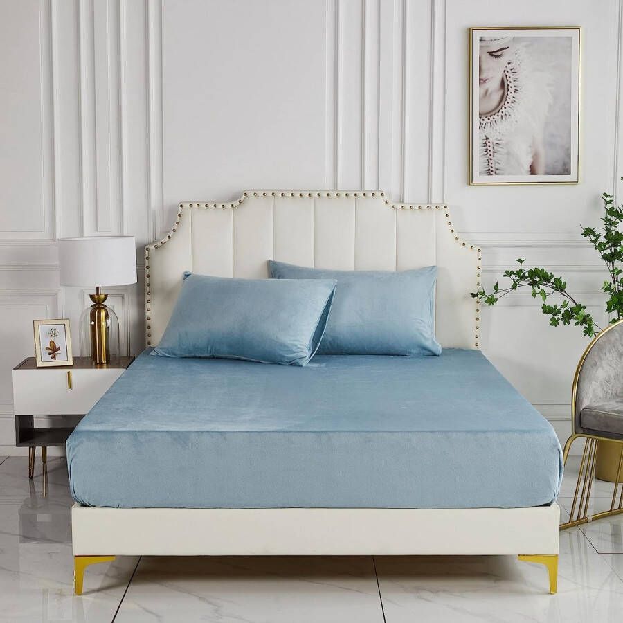 Pluche hoeslaken 120 x 200 x 30 cm blauw lichtblauw warm pluizig hoeslaken geschikt voor 30 cm matras