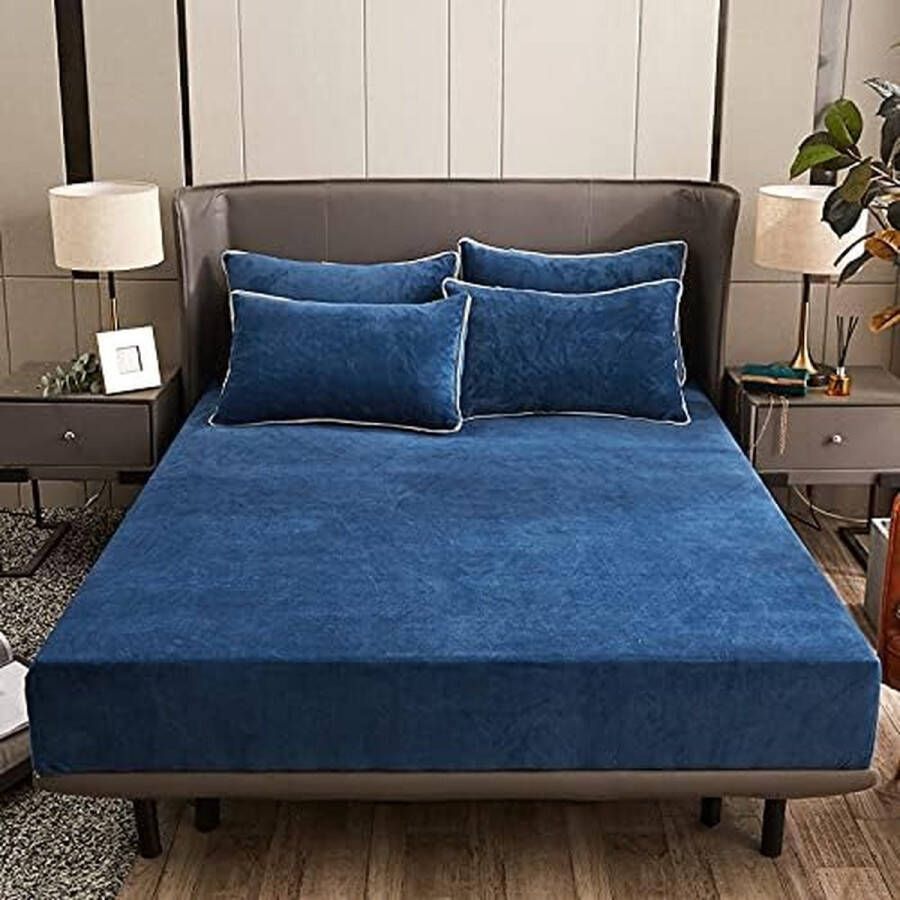 Pluche hoeslaken 180 x 200 x 30 cm blauw winterlaken wollig kasjmier-gevoel warm hoeslaken geschikt voor 30 cm matras