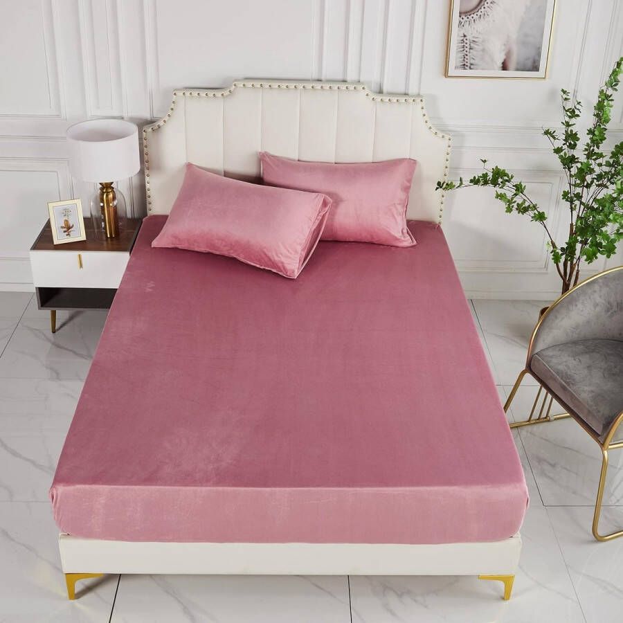 Pluche hoeslaken 180 x 200 x 30 cm roze oudroze winter warm pluizig hoeslaken geschikt voor matras van 30 cm