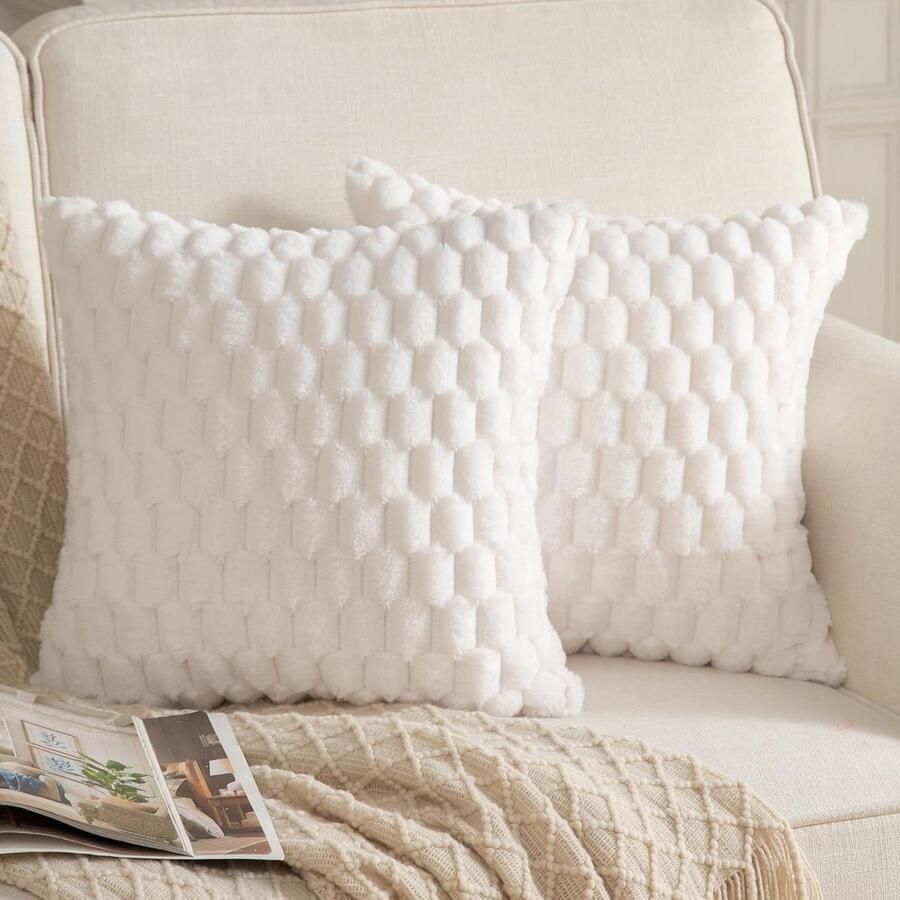 Super zachte pluche kussenhoezen crèmewit decoratief en pluizig kunstbont wollen fluweel bank woonkamer 50 x 50 cm set van 2