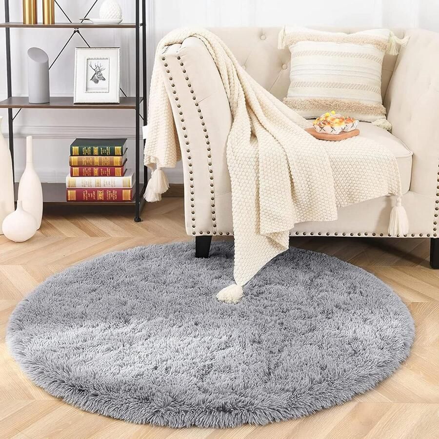 Pluche tapijt voor slaapkamer modern groot pluizig tapijt zacht en pluizig grijs Ø 120 cm rond