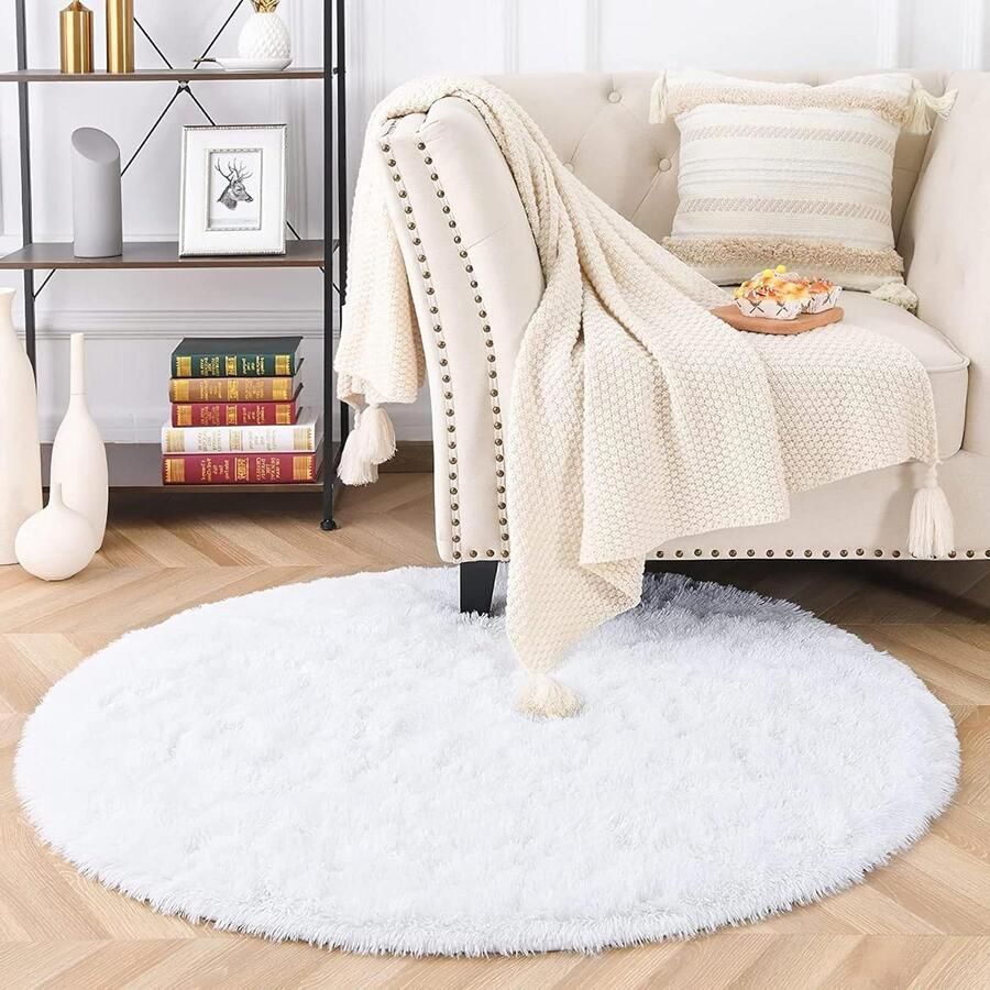 Pluizig tapijt rond moderne woonkamer kinderen meisjes zacht en pluizig slaapkamer-woonkamer-kinderkamer wit Ø 150 cm rond