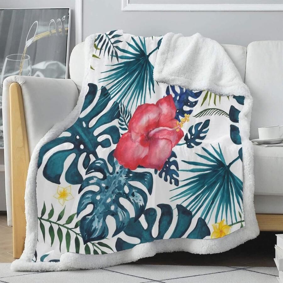 Pluche Sherpa Fleece Deken met Monstera Blad en Bloemen Omkeerbare Zachte Knuffeldeken voor Bank en Tweepersoonsbed 150 x 200 cm