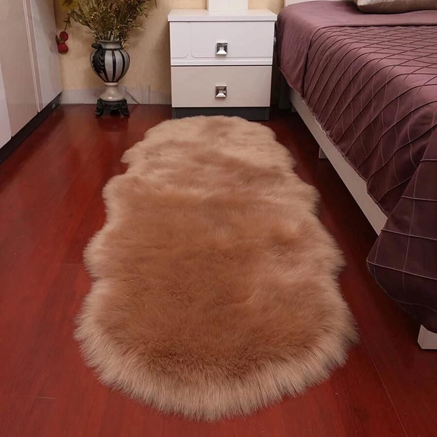 Pluche Zachte Schapenvacht Tapijt 60x180 cm – Imitatieleer Lange Haartjes Bed Mat voor Slaapkamer Sofa Kussen bruin Woonkamer Vacht Luxe Vacht Comfortabele Vloerbedekking