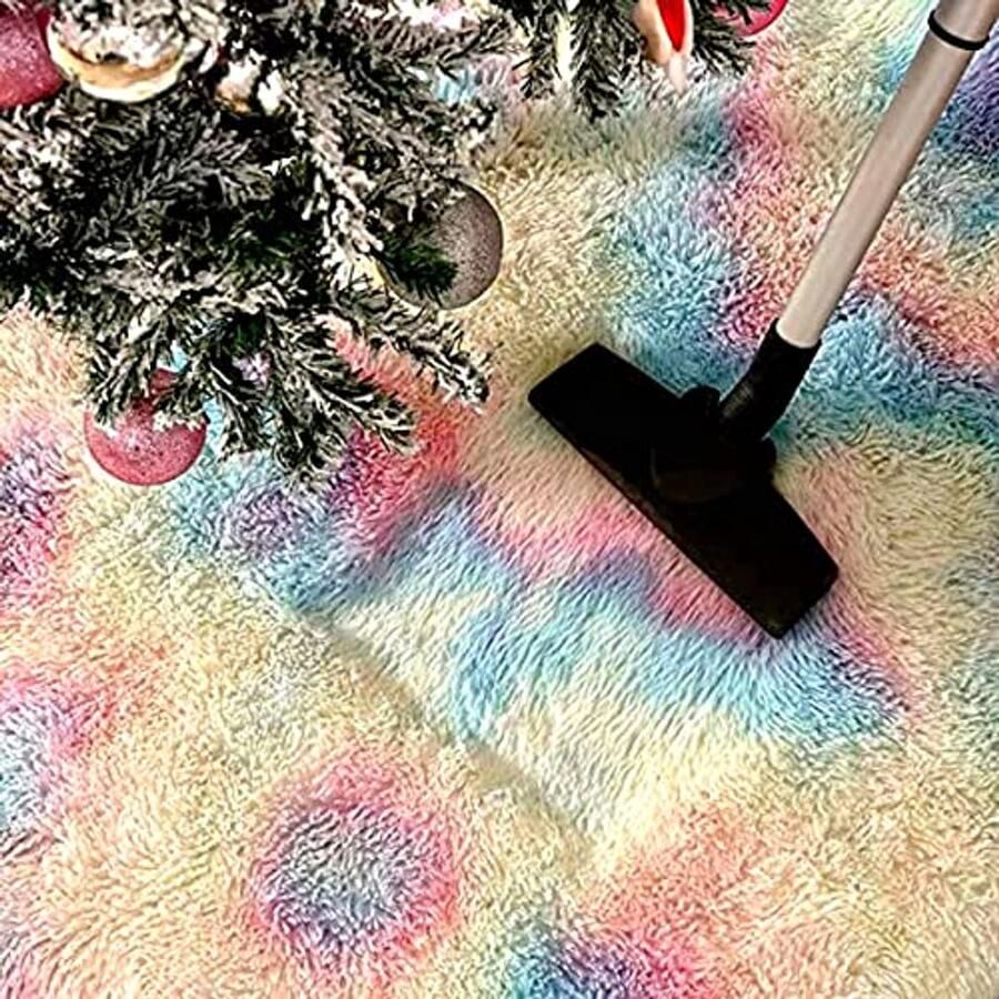 Pluizig antislip tapijt voor slaapkamer en woonkamer – Regenboog kleuren (80 x 160 cm)