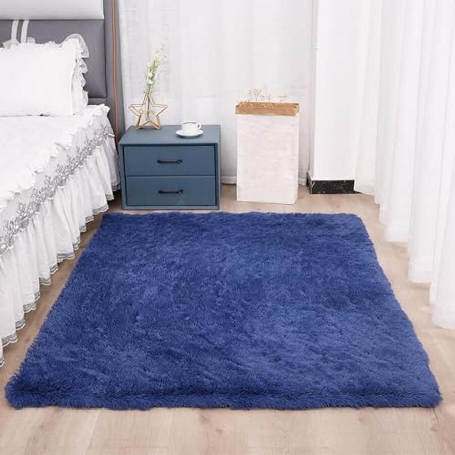 Pluizig Antislip Vloerkleed voor Slaapkamer en Woonkamer Wasbaar en Comfortabel Donkerblauw 160 x 230 cm