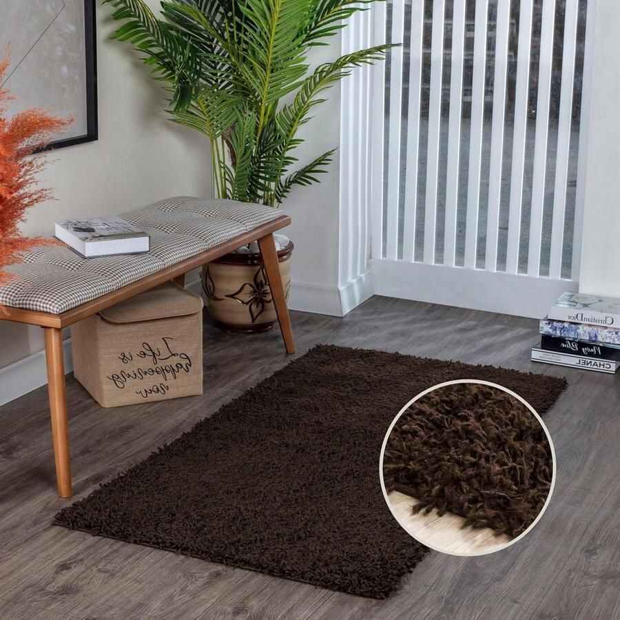 Pluizig Berber abstract langpolig tapijt groot 200 x 290 cm donkerbruin