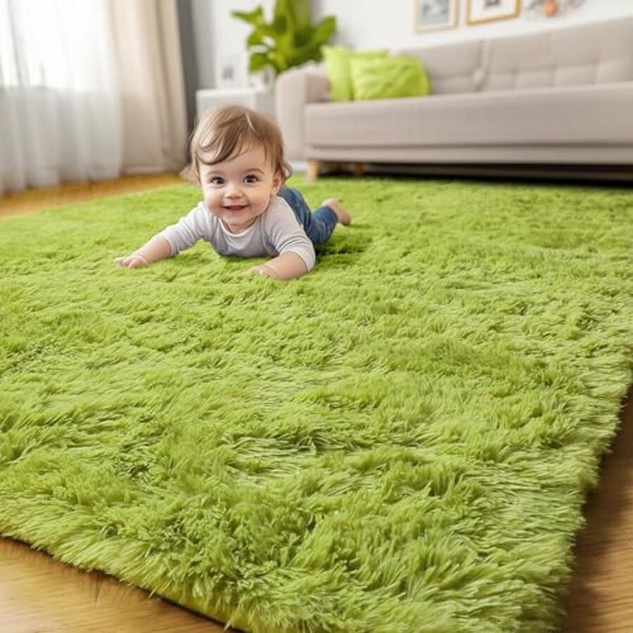 Pluizig grasgroen vloerkleed voor slaapkamer en woonkamer 10 x 18 cm Schattig tapijt voor kinderkamer