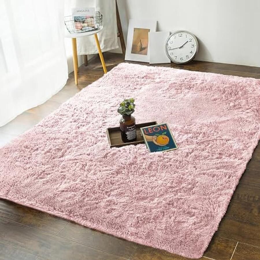 Pluizig Hoogpolig Roze Vloerkleed Antislip Modern Tapijt voor Woonkamer en Slaapkamer Superzacht Pluche Pluisvrij en Makkelijk Schoon te Maken 80 x 150 cm