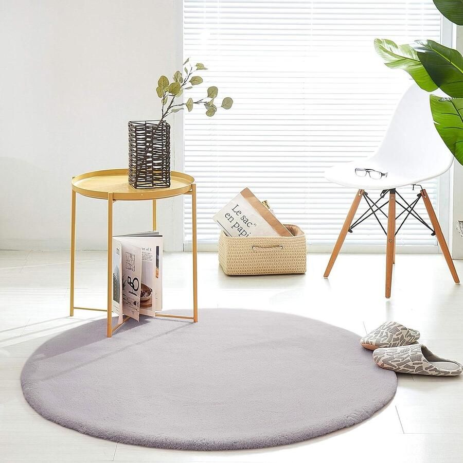 Pluizig Imitatiebont Tapijt Van Konijnenbont Kort Hoogpolig Bont-Tapijt Grijs 120cm Rond