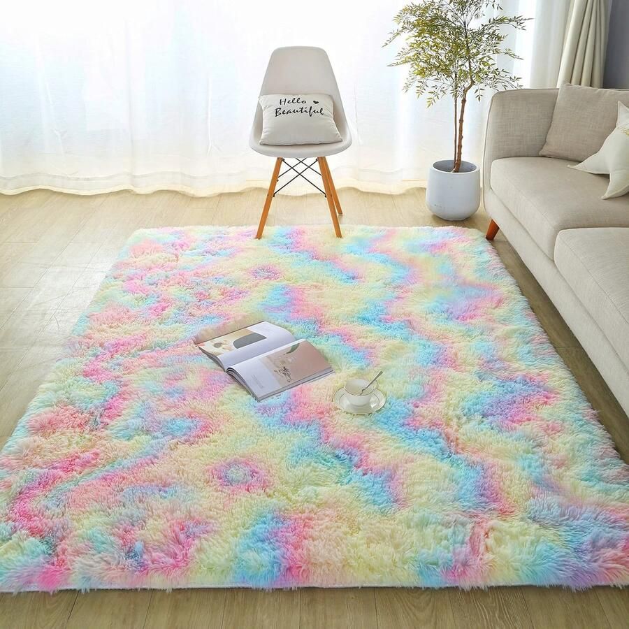 Pluizig Langpolig Tapijt voor Woonkamer en Slaapkamer Wasbaar en Zacht Regenboogkleur 80x160cm