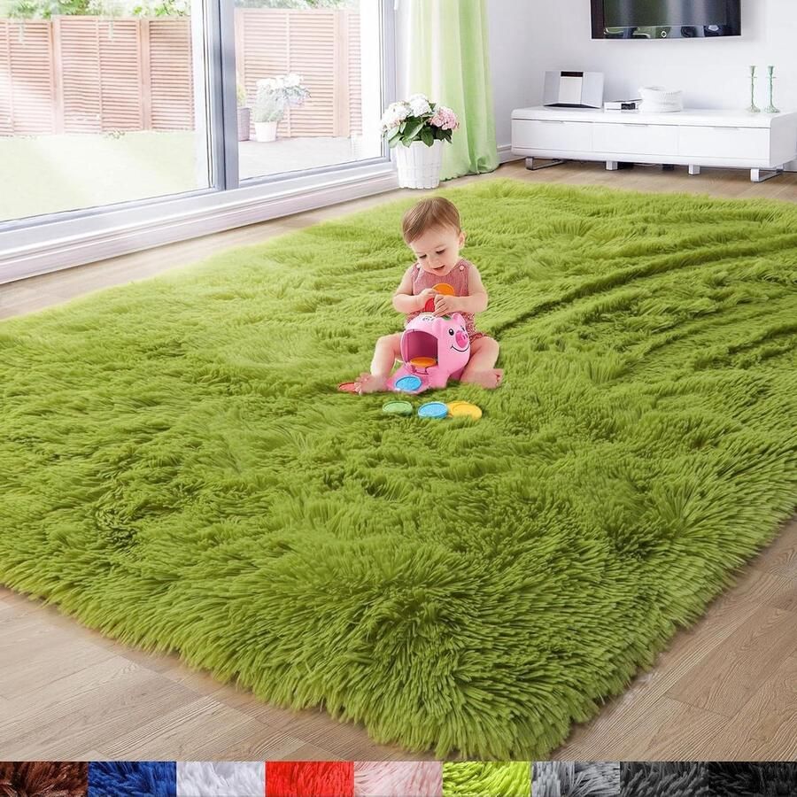 Pluizig pluche tapijt rechthoekig en schattig grasgroen 142 x 184 cm slaapkamer woonkamer kinderkamer baby