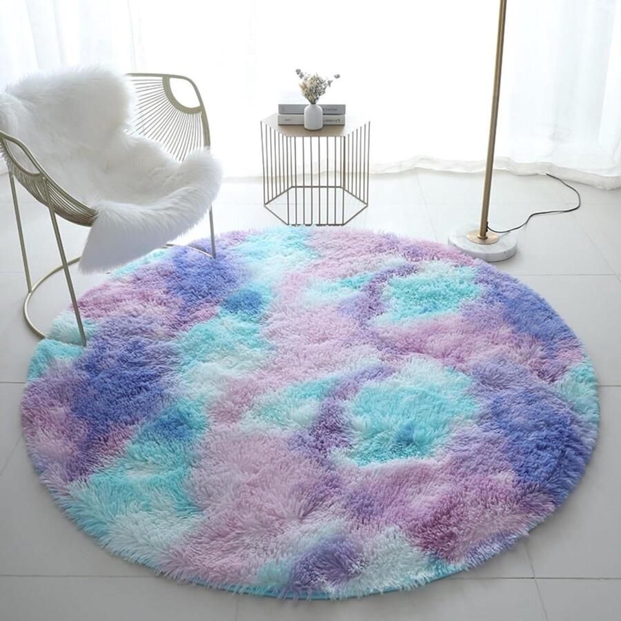 Pluizig rond tapijt 120 x 120 cm Zachte harige imitatiebont tapijt Regenboog gebiedstapijt voor kinderen Meisjes slaapkamer Babykamer