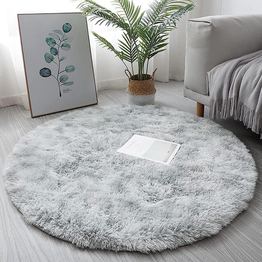 Pluizig rond tapijt antislip en decoratief 80 cm wit grijs