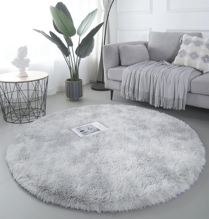 Pluizig Rond Tapijt Antislip Modern Design voor Woonkamer Slaapkamer en Kinderkamer (120x120 cm Lichtgrijs)
