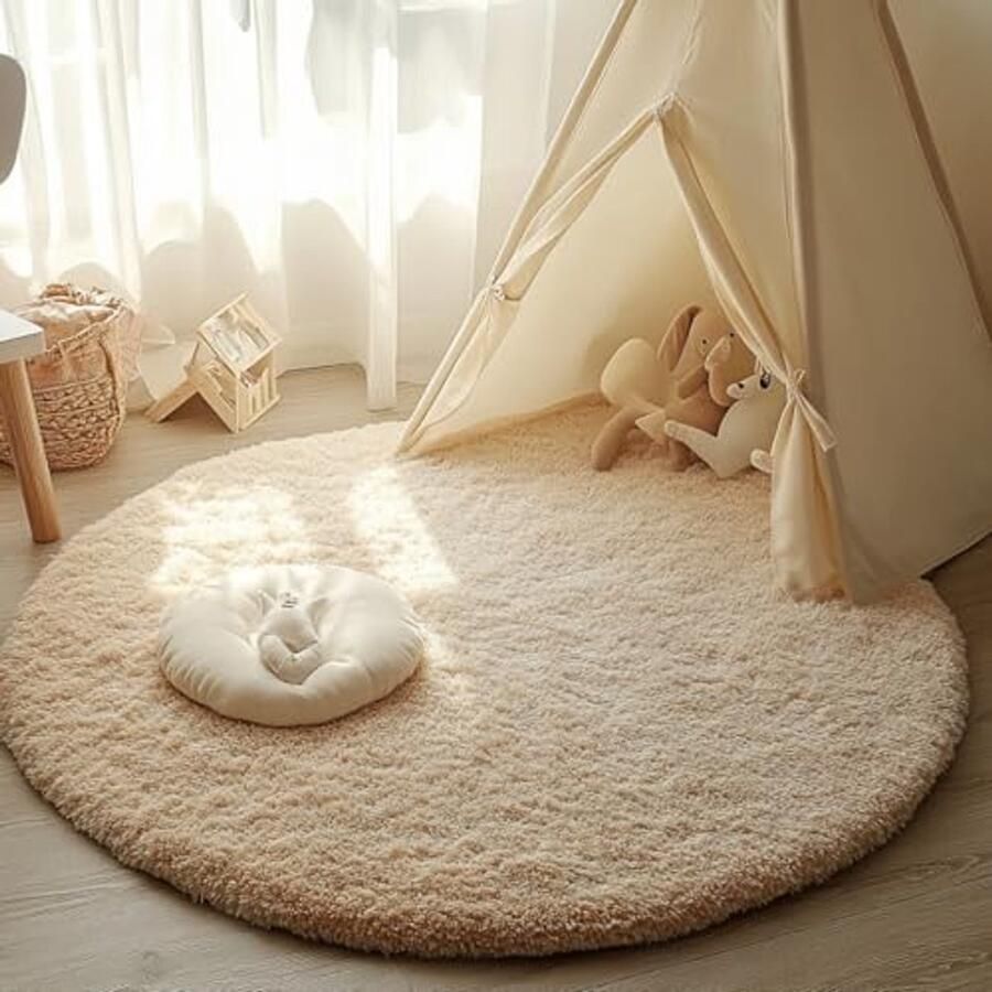 Pluizig rond tapijt antislip voor woonkamer en slaapkamer Groot formaat shaggy vloertapijt (kaki 80 cm)